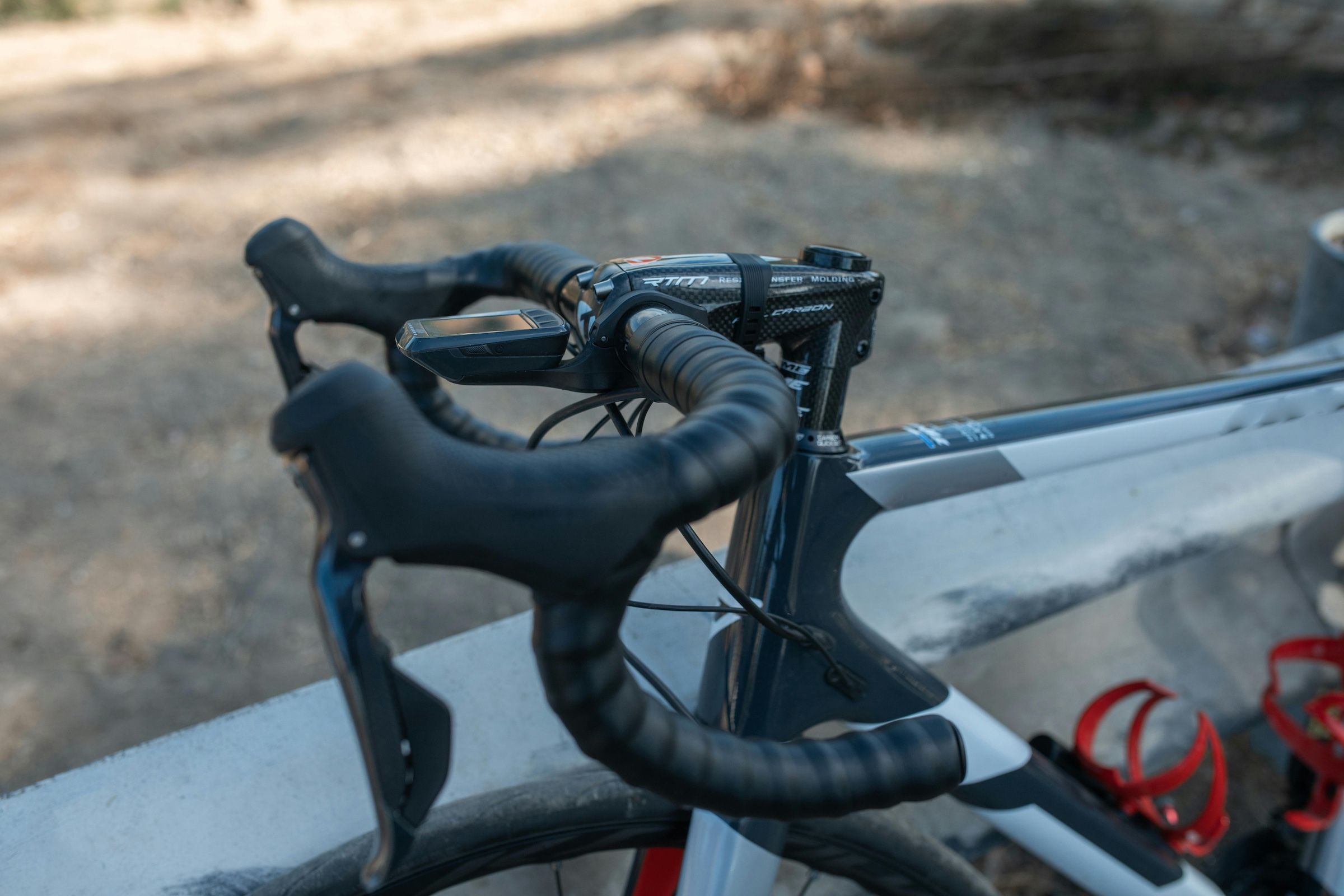 Close-up of a power meter on bike's handlebars