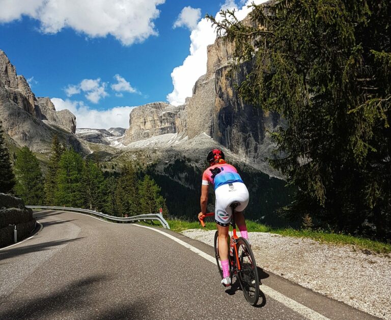 Cyclist training on a mountain road incline