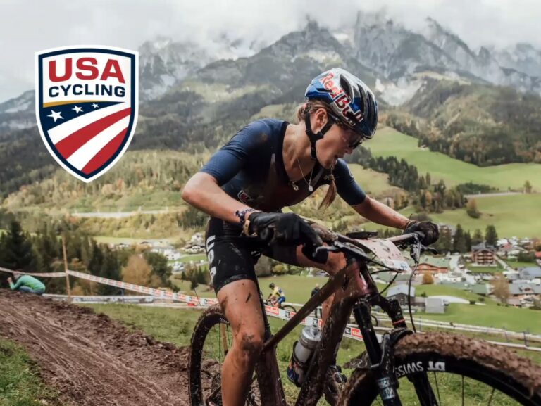 Brendan Quirk CEU of USA Cycling racing a muddy mountain bike