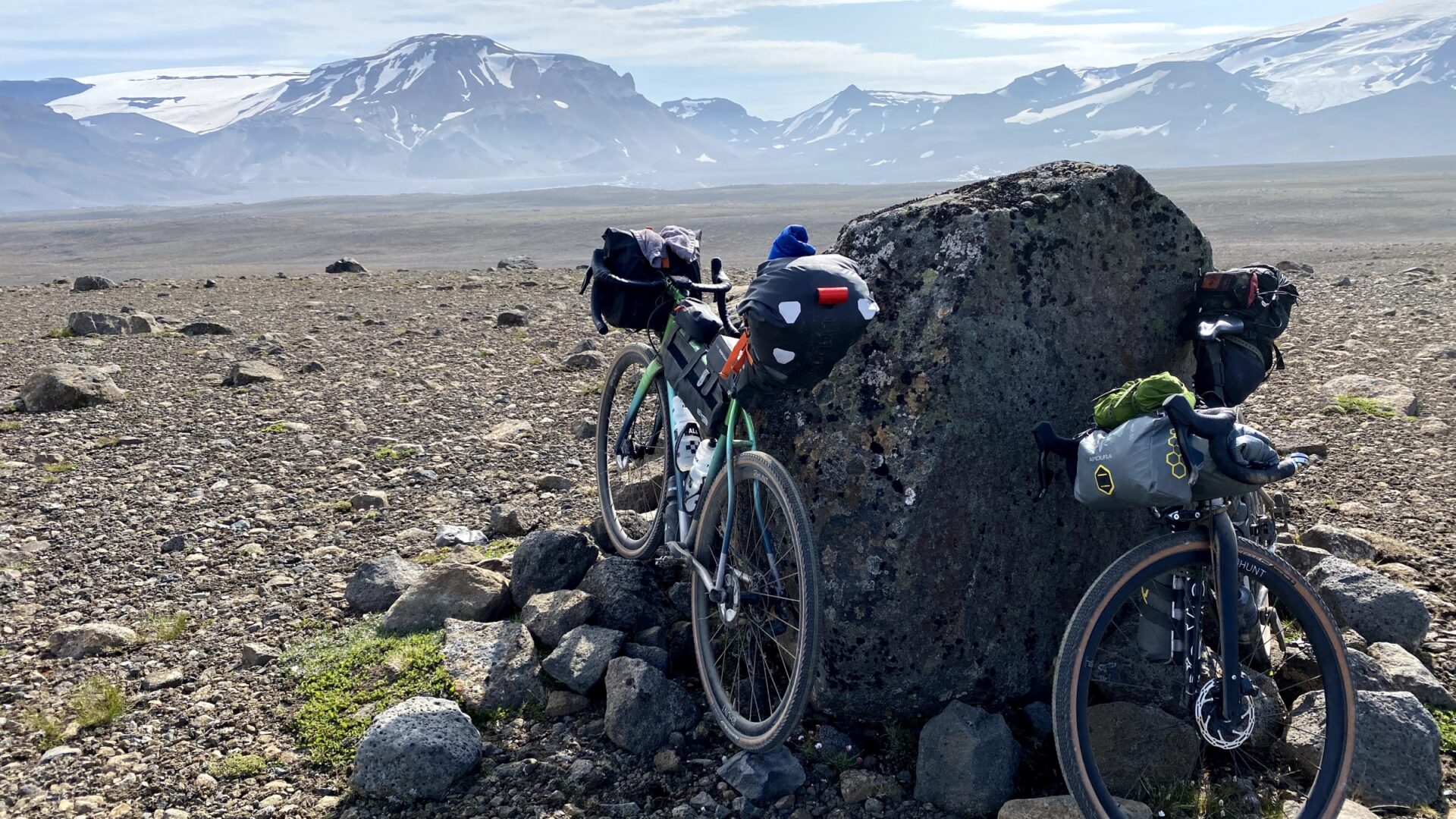 backpacks with mountainous background 