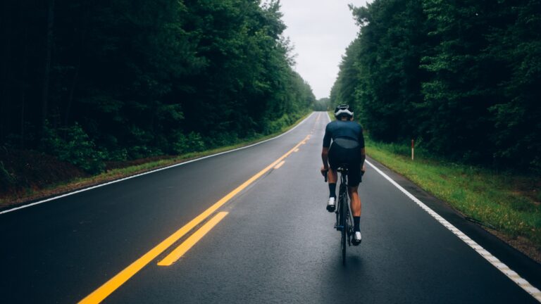 Rear shot of a cyclist riding alone along a tree-lined road on a rainy day